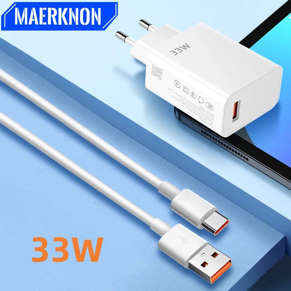 USB Charger 33W Quick Charge EU/US Plug Wall Charger 6A Type C Cable for Xiaomi 14 13 Redmi K30 K40 Quick Charging Phone Adapter