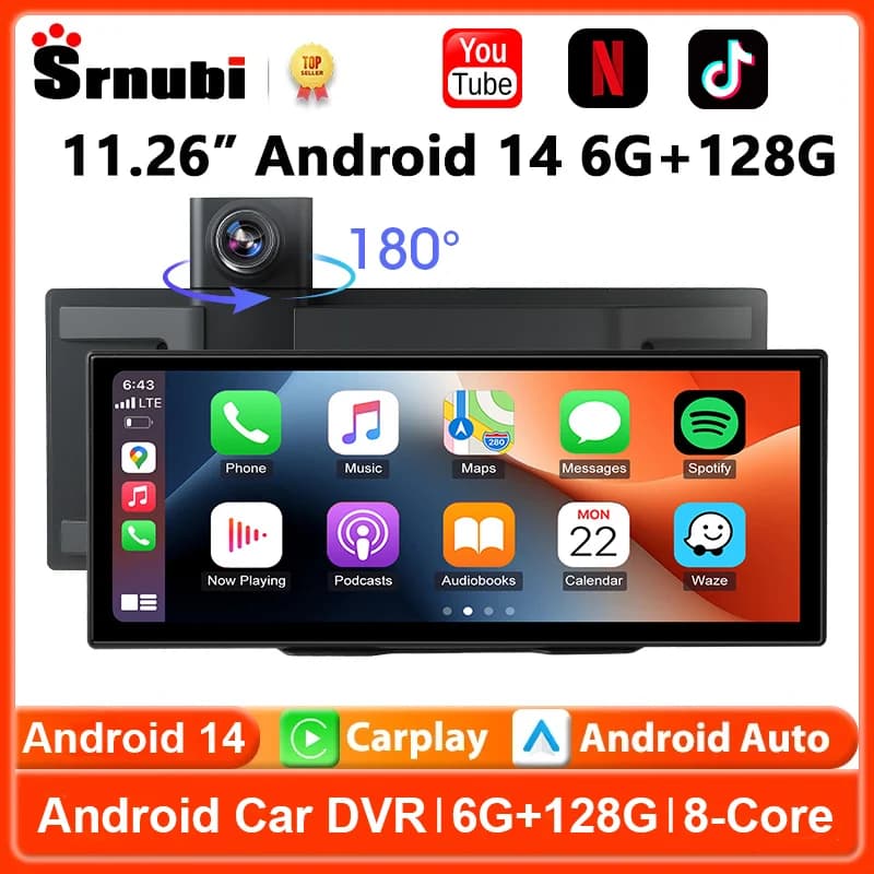 Autoradio Portable Android 14 from 11.26'' with Dashcam, 8-Core 6G+128G, WIFI, CarPlay Wireless, Android Auto, DVR and Multimedia Reader