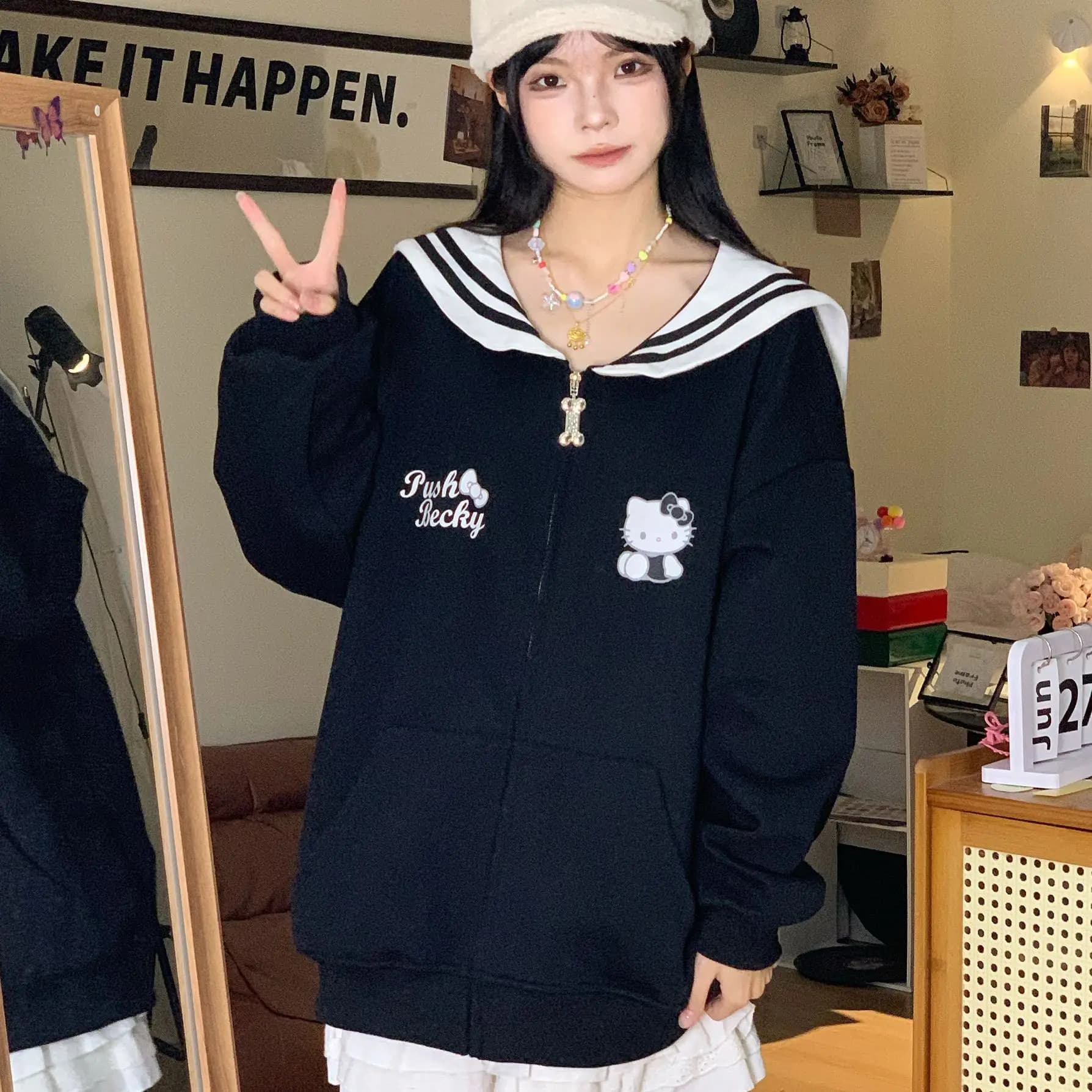 Hello Kitty Cartoon Pattern Sailor Collar Zip Up Sweatshirt Preppy Long Sleeve Hoodie Jacket Kawaii Daily Streetwear Outerwear