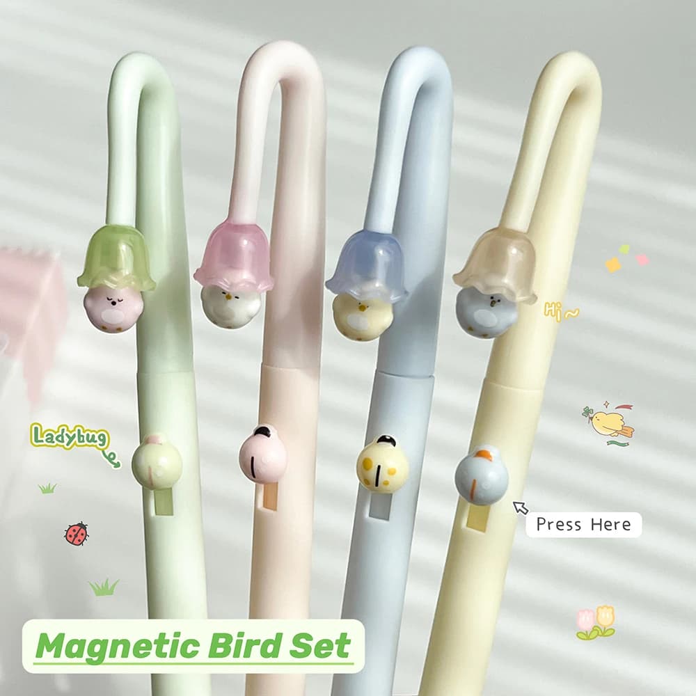 4 Pcs Magnetic Little Bird Gel Pen Set 0.5mm Fun Black Quick-Dry Pen Cute Simple Style Writing Pens Learning & Office Use