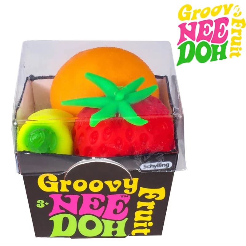 Groovy Nee Doh Schylling Fruit Stress Ball, Elastic Soft Squishy Fidget Toy, Banana Strawberry Orange Squeeze Sensory Toy