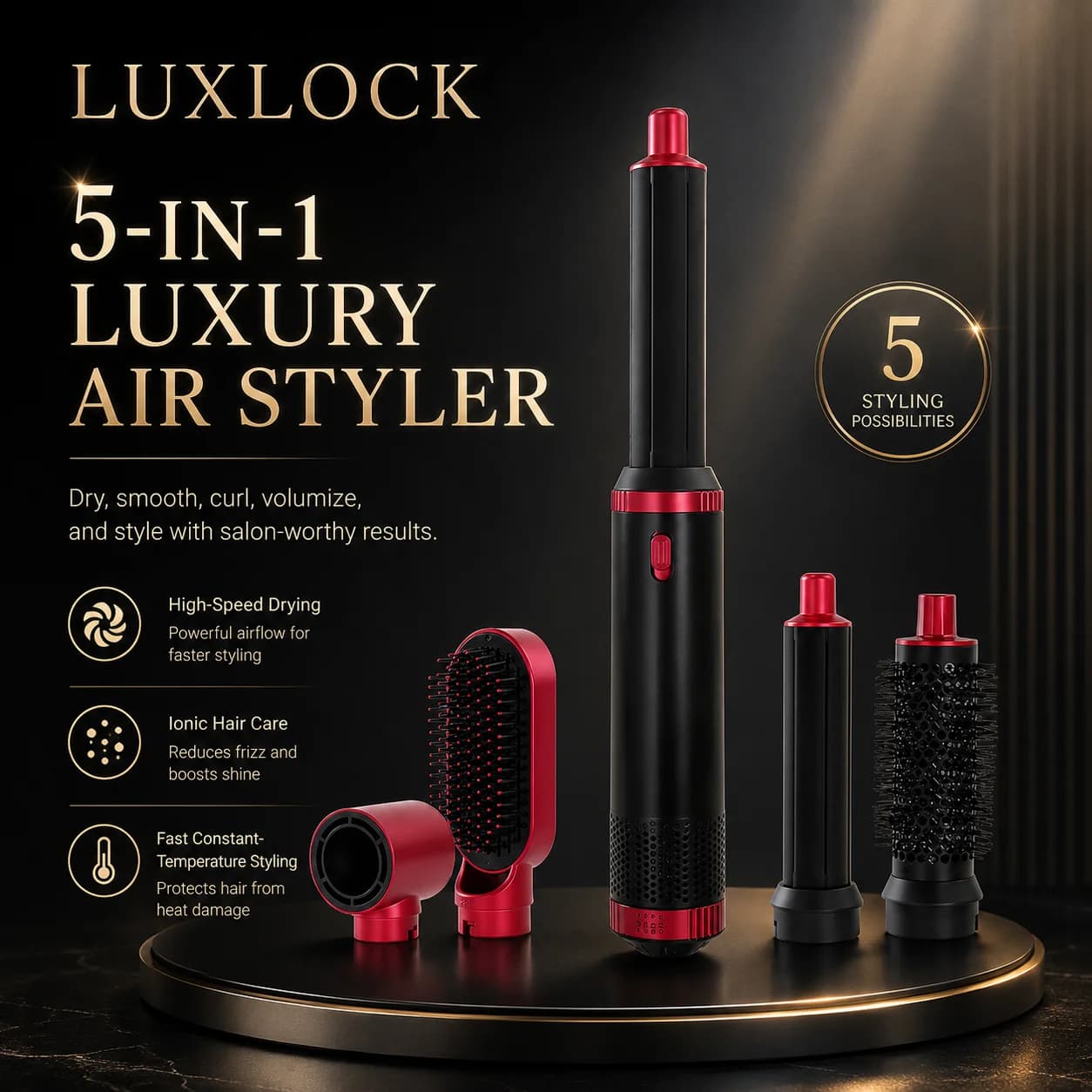 LUXLOCK 5-In-1 Straight Hair Hot Air Comb With Curling Iron Hair Dryer Brush Styling Set Professional Hair Brush Women's Gift