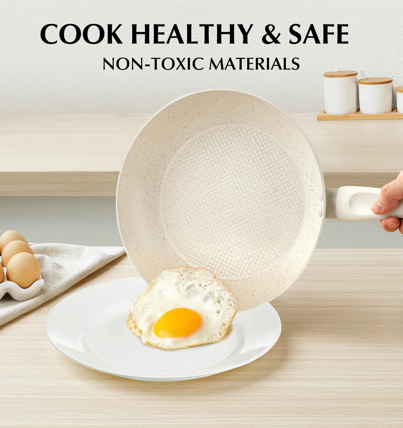 10 inch non-stick pan, ergonomic bachelite handle, ultra non-toxic marble coating, aluminum pan with honeycomb design