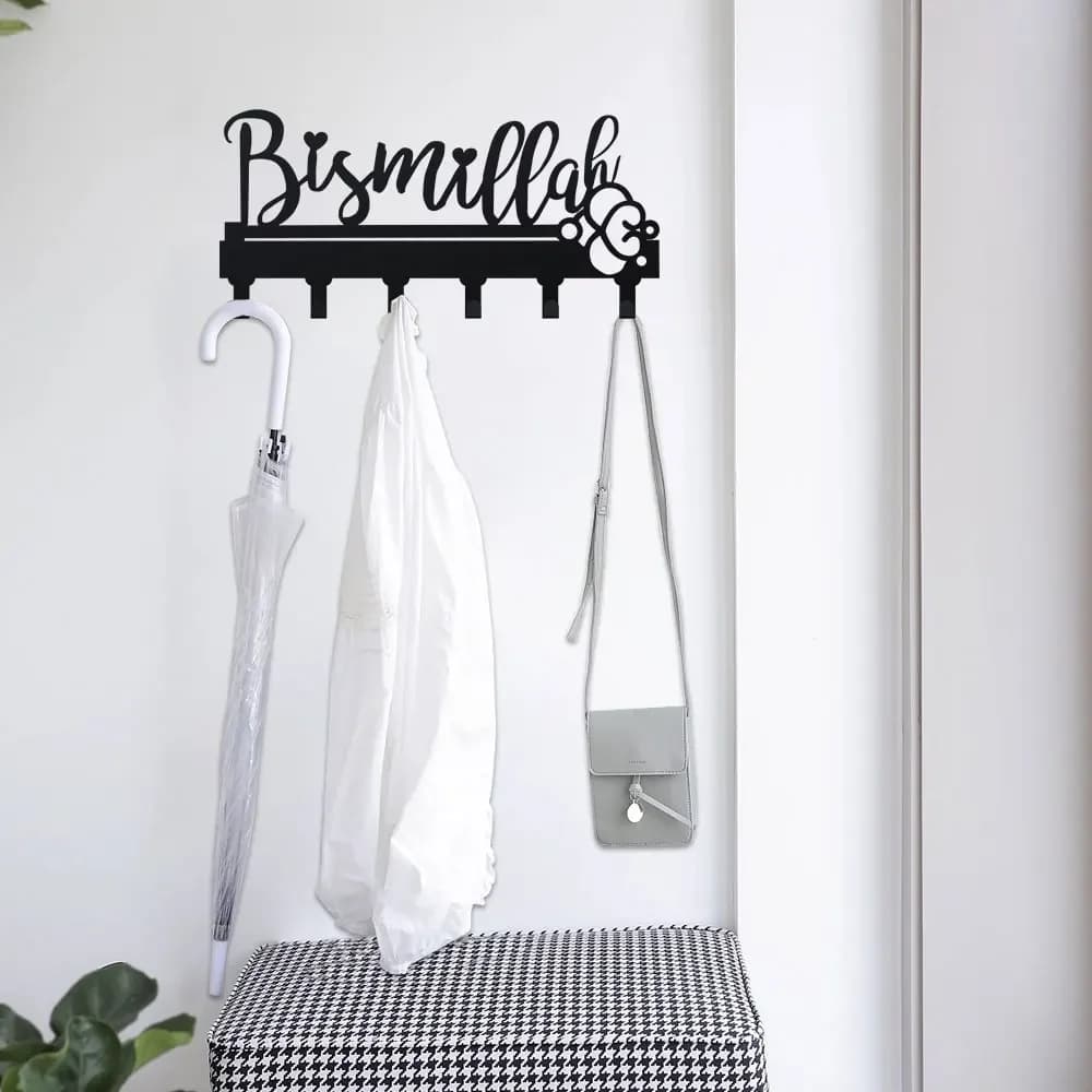 Bismillah Metal Key Holder, Black Decorative Wall-Mounted Key Holder, Key Hooks Organizer Rack for Entryway Wall Decor