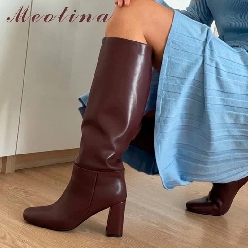 Meotina Stivali alti al ginocchio in vera pelle da donna Punta quadrata Tacco alto a pieghe Stivaletti lunghi moda donna Scarpe autunno inverno