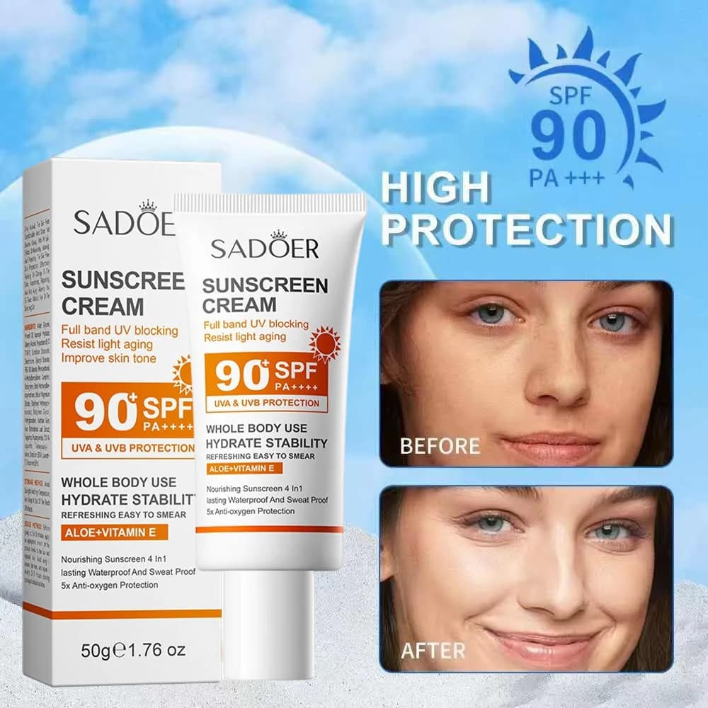 Sadoer Crema solare ad alta protezione SPF 90+ PA+++ Sbiancante Impermeabile Resistente al sudore Idratante duraturo 50g