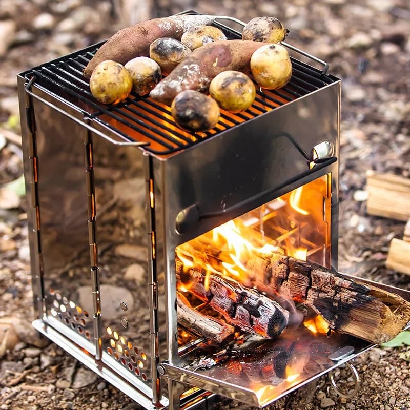 Griglia Pieghevole in Acciaio Inox per Esterni, Stufa a Legna per Campeggio, Griglia a Carbone per Barbecue, Accessori e Utensili per BBQ