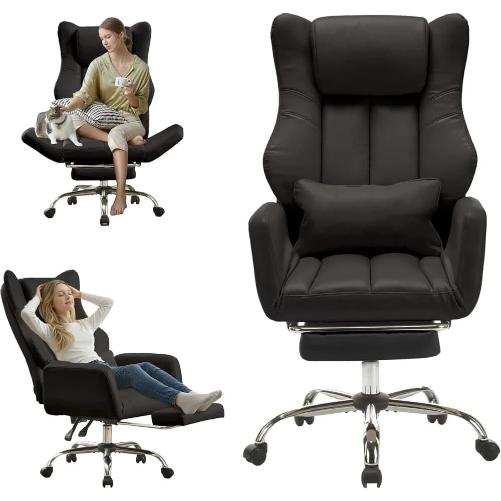 Sedia da ufficio con gambe incrociate con poggiapiedi, sedia direzionale grande e alta in pelle con braccioli reversibili, cuscino lombare