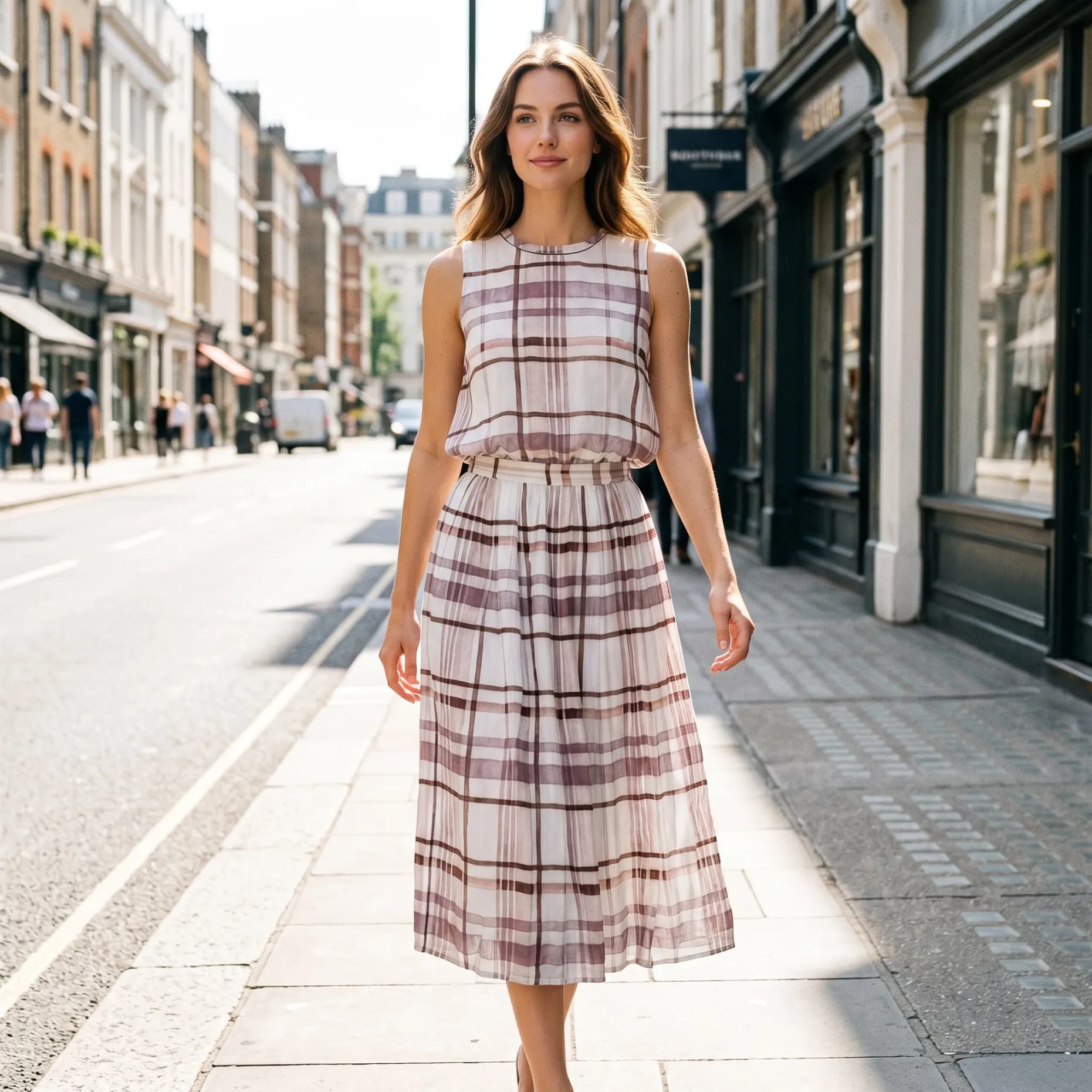 Elegant Women Checkered Two Piece Set Sleeveless Top High Waist Flared Midi Skirt Silk French Style Summer Suit BF2813