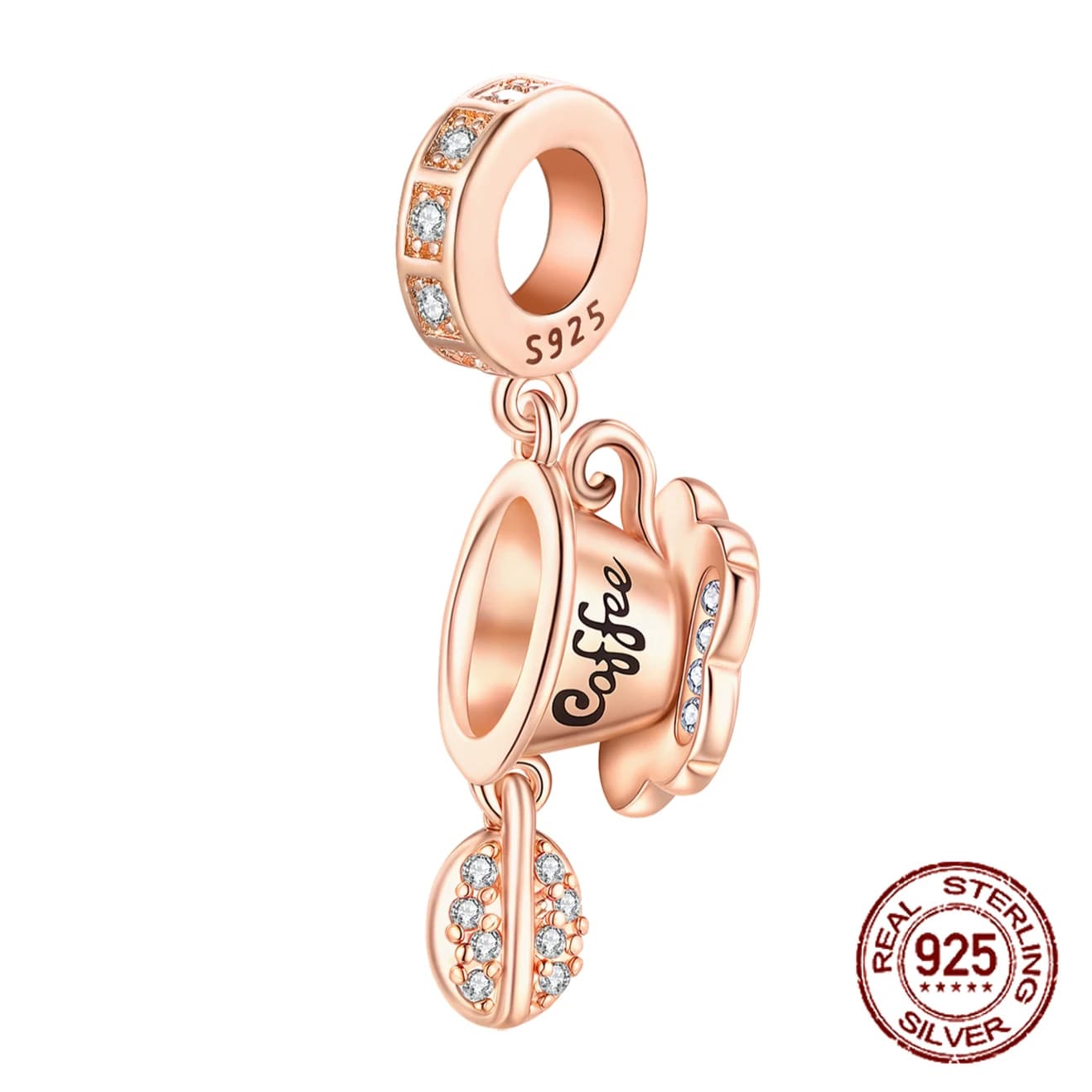 925 Sterling Silver Caffè in Grani Tazza Perline in Oro Rosa Pandent Fascino Misura 4MM Diametro Foro Bracciale FAI DA TE Bead Ms Gioielli Regalo
