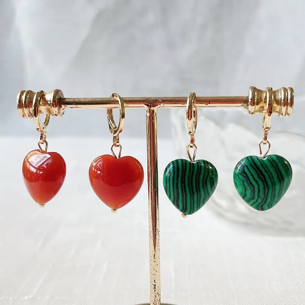 Natural Crystal Heart Earrings for Women Girls Cute Heart Pendulum Red Agates Rose Pink Quartz Malachite Opal Stone Drop Earring