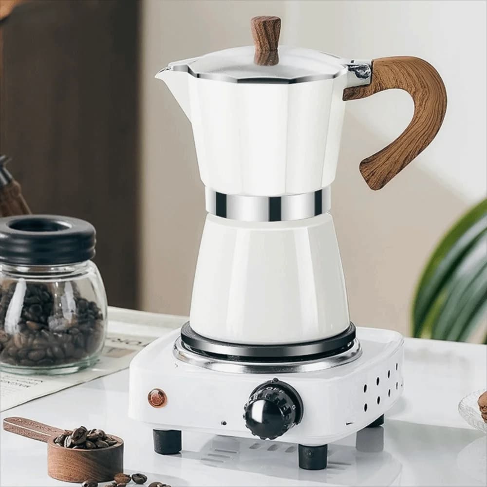 Coffee maker Moka Octagonal Aluminum 150ml/300ml with Handle Wood Effect, Espresso Preparation Tool, Coffee maker Durable for Kitchen