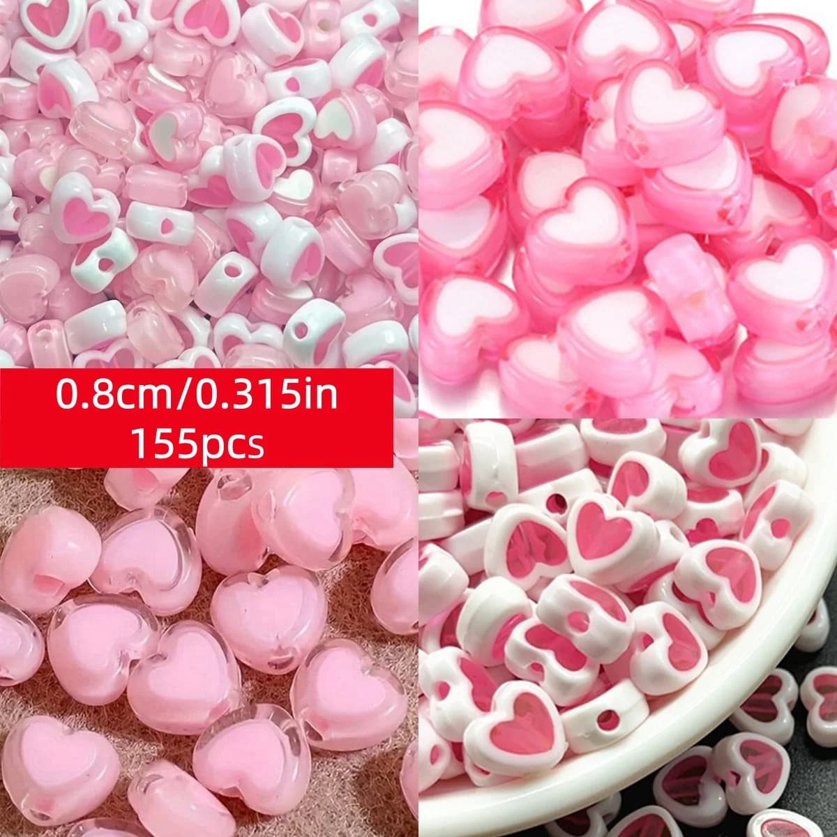 Perline a forma di cuore della serie rosa fai-da-te da 0,8 cm/0,315 pollici, 155 pezzi, adatte per bracciali, collane e orecchini. colori vivaci