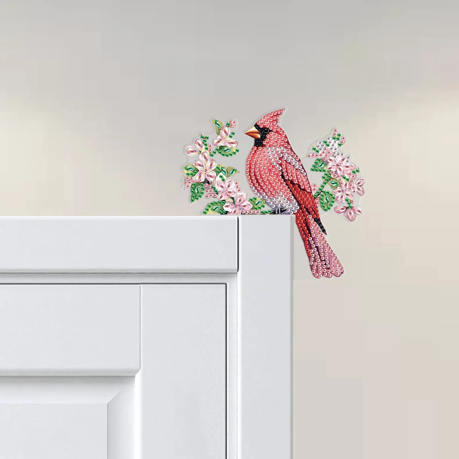 Corner decoration kit for doors with diamond painting, home kitchen door with special shaped diamonds in red bird acrylic, artistic gift for decorations with frames