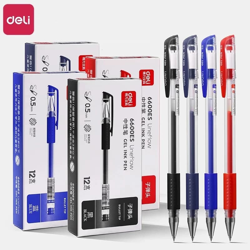 DELI Gel Ink Pen 0.5mm 12PCS/Box Black Blue Red Color Smooth Office Writing Gel Pen 6600ES