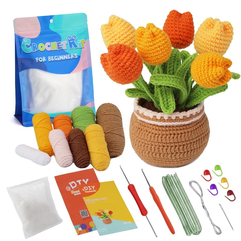 Set di uncinetti fatti a mano set di fiori di tulipano fai da te Kit per maglieria all'uncinetto in vaso per adulti e bambini Kit per maglieria all'uncinetto