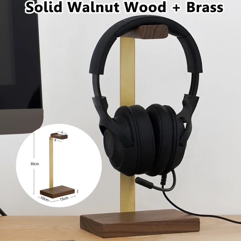 Solid Wood Headphones Stand Walnut+Brass Gaming Headset Holder Desktop Head-mounted Earphones Display Shelf with Thickened Base