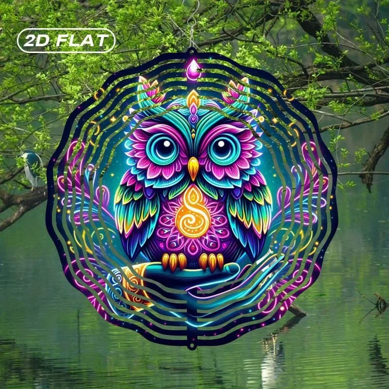 Bohemian 1pc Metal Owl Wind Spinner Suncatcher Chime - Colorful Stained Glass-Style Garden Decor with Vibrant Feather Patterns