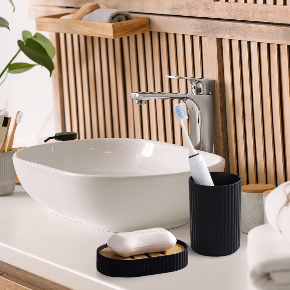 6 Piece Modern Bathroom Essentials Set Bamboo Bathroom Set with Toilet Brush Trash Can & Soap Dispenser