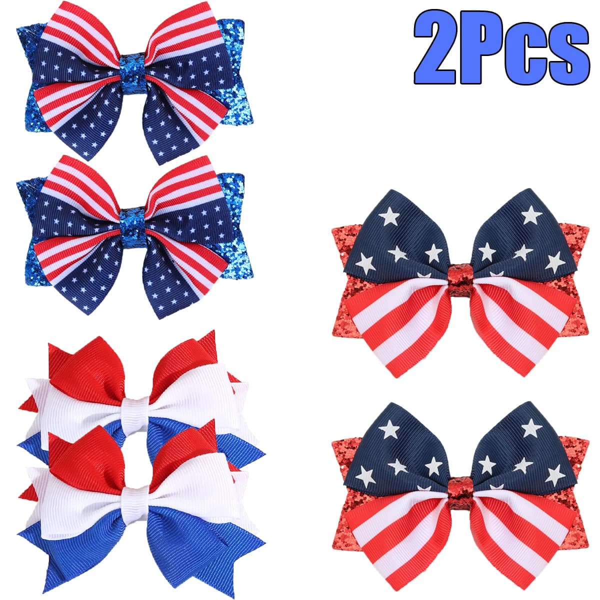 2 pezzi bandiera USA fiocco fermaglio per capelli nastro bandiera americana patriottica design rosso bianco blu mollette per fiocco per accessori per feste del 4 luglio