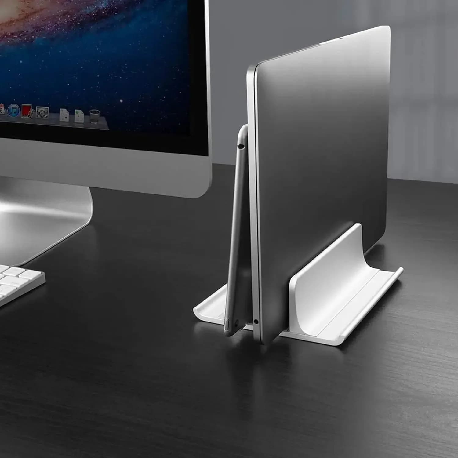 Aluminum Alloy Vertical Laptop Stand for Desk, Dual Slots Laptop Holder with Space Saving 4-in-1 Design, Adjustable Laptop Stand
