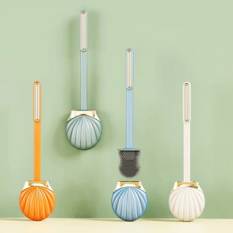 Scopino per WC a conchiglia per uso domestico, senza angoli morti, per pulizia, scopino per WC, appeso a parete, manico lungo, scopino per WC in silicone, strumento da bagno