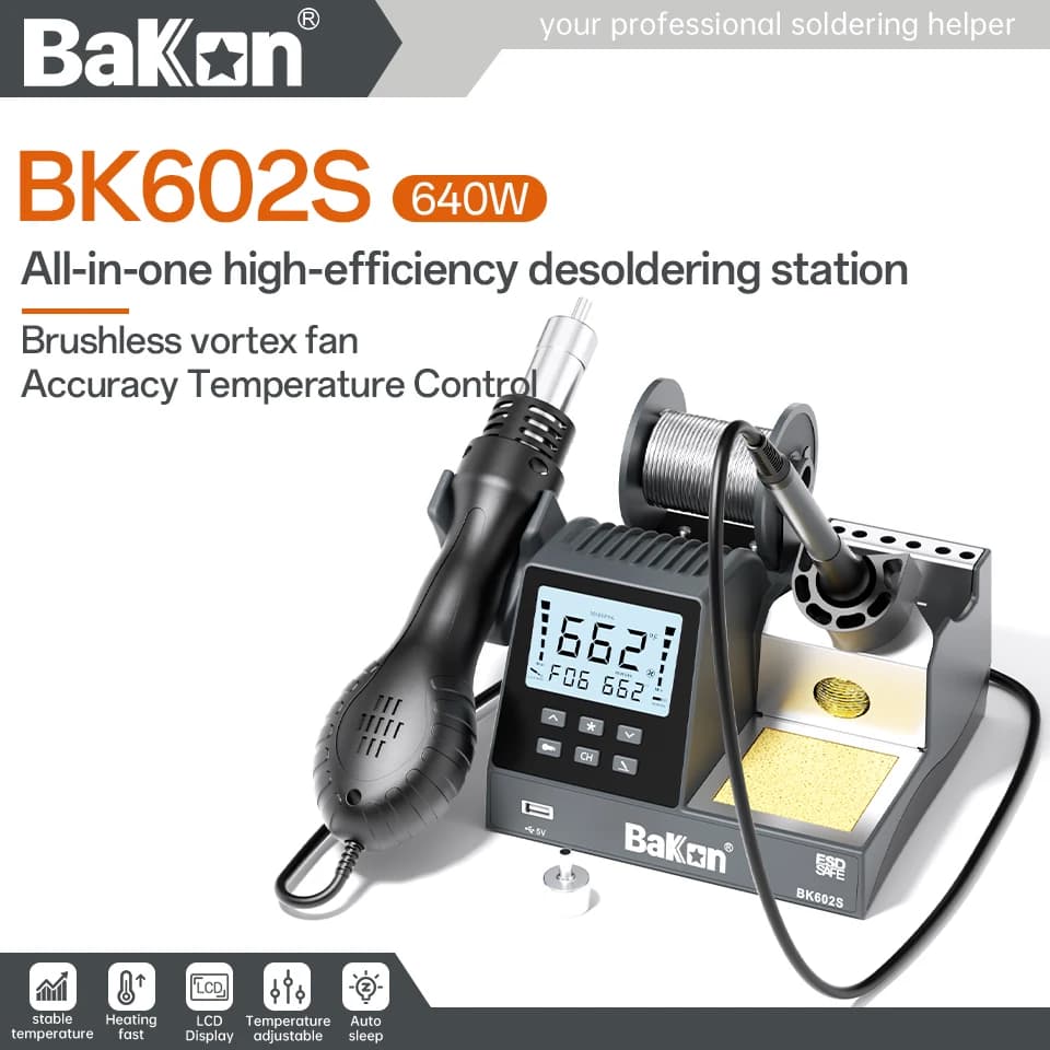 Stazione di Saldatura Bakon BK602S 2 in 1 con Pistola ad Aria Calda Antistatica, Riscaldamento Rapido