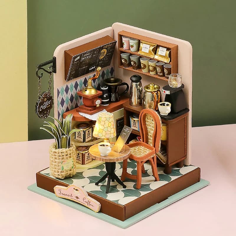Mini case delle bambole in legno Kit di costruzione di assemblaggio di puzzle 3D fatti a mano fai-da-te con mobili LED Coffee Store Casa delle bambole Giocattoli per bambini