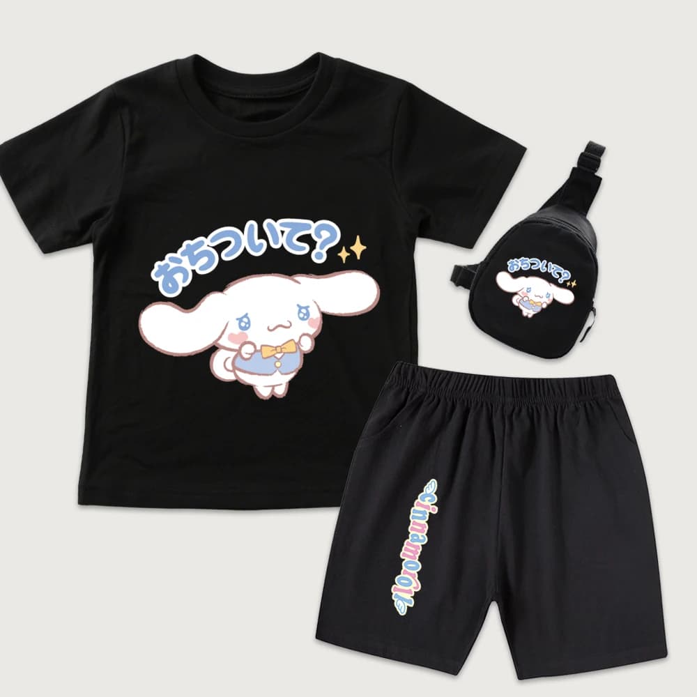 Set 3 Pezzi Cinnamoroll: T-Shirt in Cotone con Stampa 'Hold My Hand', Pantaloncini e Mini Borsa da Petto per Bambini e Bambine, Outfit Casual Estivo