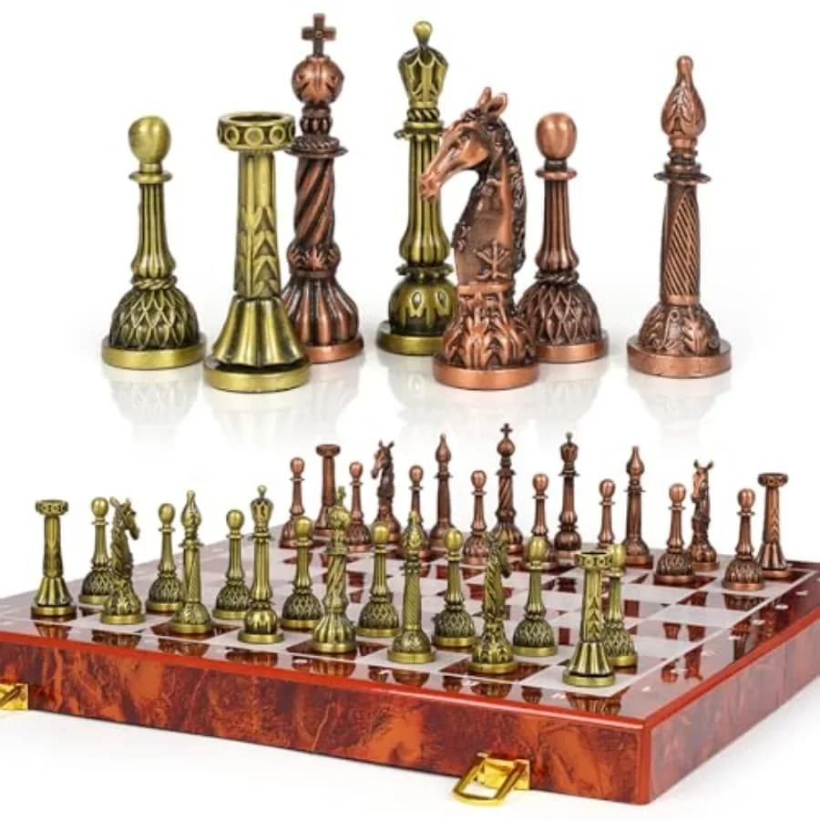 Set di Scacchi in Metallo Vintage per Arredamento Casa, Scacchiera Pieghevole da Viaggio con Pezzi in Metallo Pesante in Classico Nero e Bianco