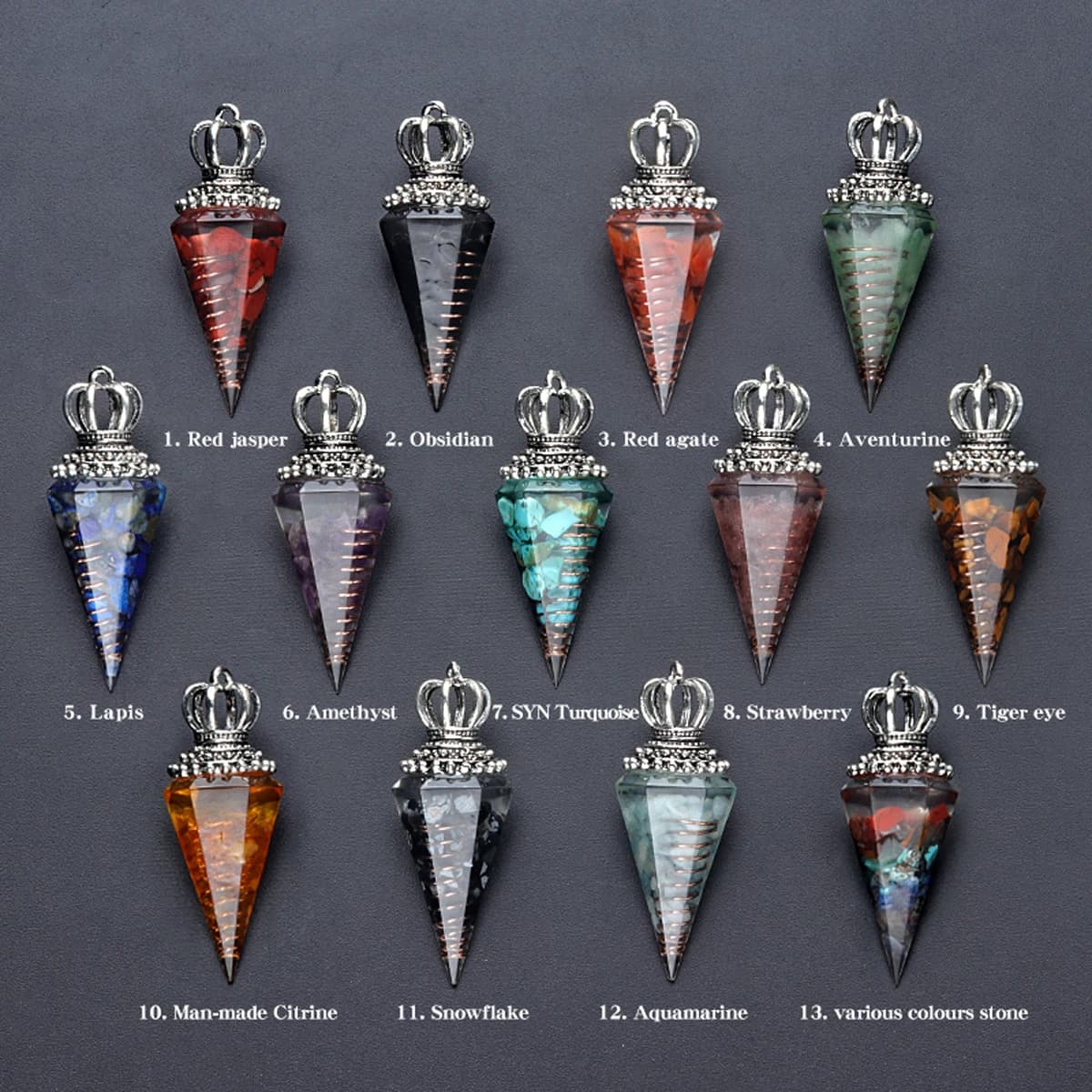 1 pz 53x18mm Cono Esagonale Corona Ciondolo Pietra Naturale Cristallo Ametista Agata Pietra Frantumata Resina Pendolo Spirituale Accessori