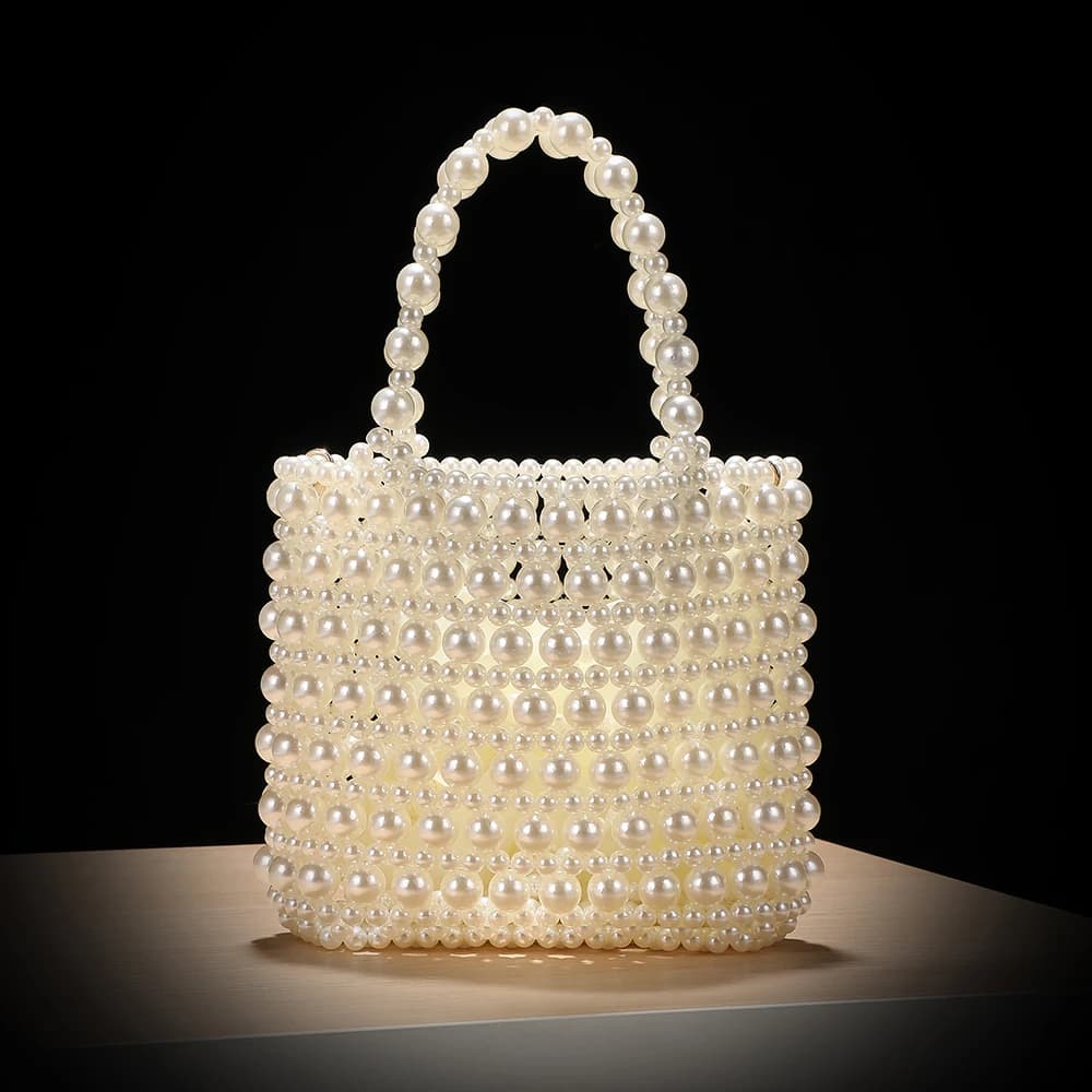 French vintage pearl evening bag - hand-woven versatile banquet handbag for table use, single-shoulder cross-body bag