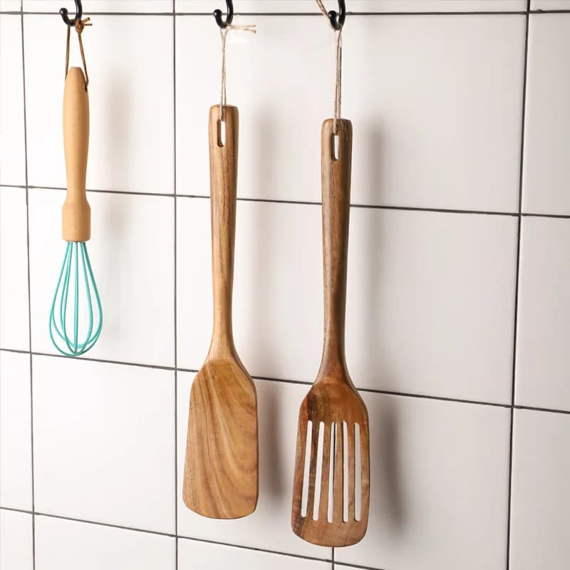 Teak Wood Spatula Long Handled Solid Wood, Leaky Shovel Acacia Wood, Household Non Stick Pan Stir Fry Shovel Kitchen Tool