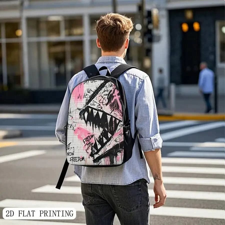 Urban Streetwear Backpack With Abstract Graffiti Art And Freedom Text