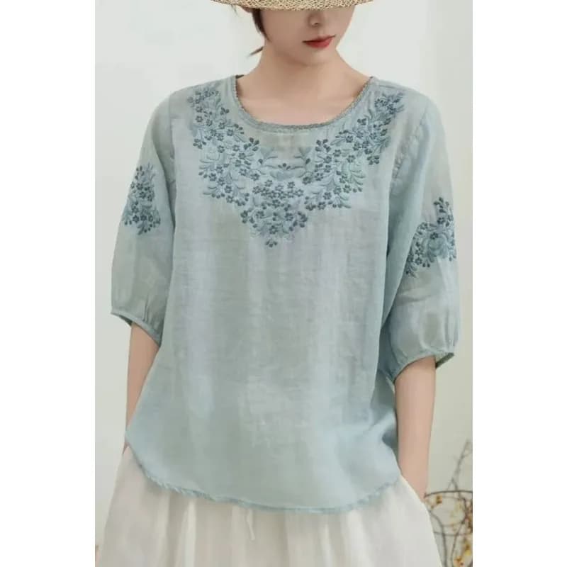 Women's embroidered linen shirt with round neckline and half sleeve, summer casual top