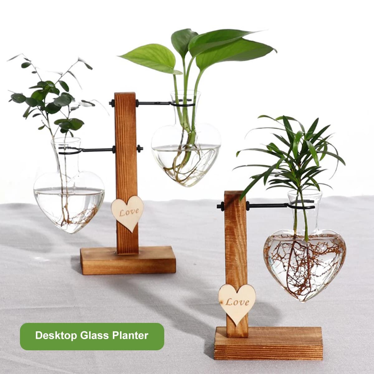 Vaso in Vetro per Piante con Supporto in Legno, Terrario Idroponico per Piante Verdi e Fiori, Vaso da Tavolo a Forma di Cuore