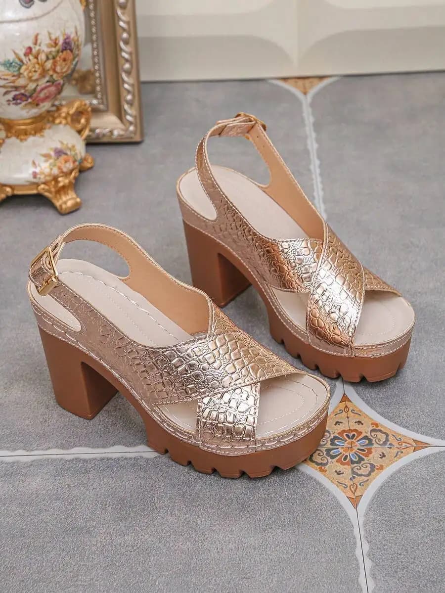 Womens Crocodile-Print Chunky Platform Sandals With Buckle Strap And Ankle Strap