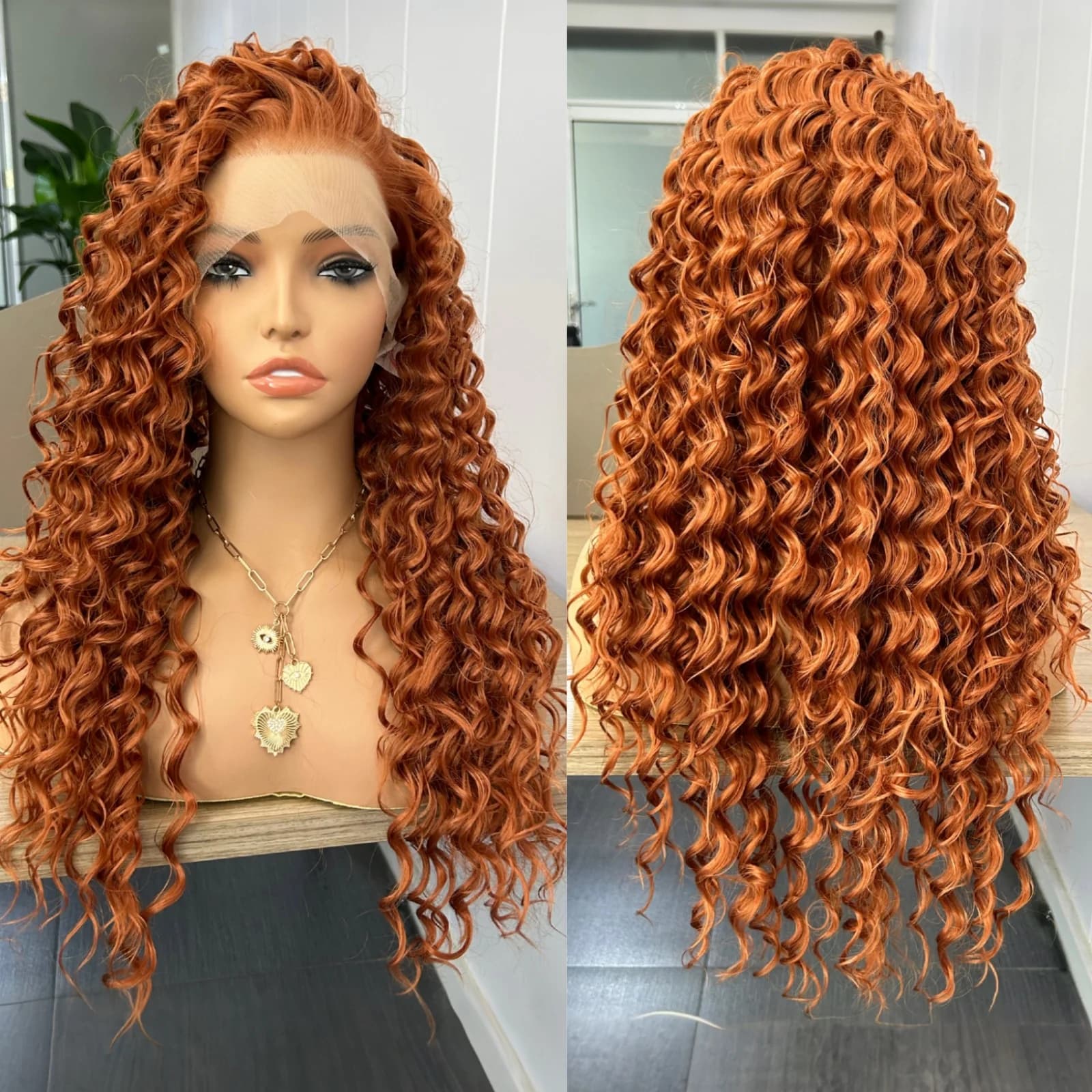 Deep Wave Curly 13x4 Lace Front Wigs for Women Free Part Ginger Brown Long Curly Synthetic Glueless Daily Party Cosplay Wig