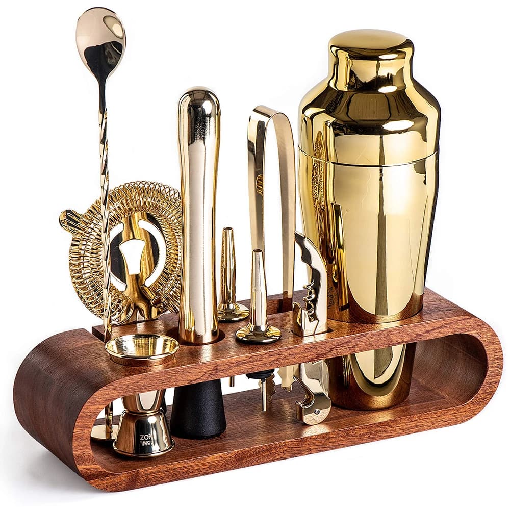 Logo personalizzato Strumenti per vino Borsa in legno Regali da viaggio Kit da barista in acciaio inossidabile Accessori da bar Jig Cocktail Shaker Set