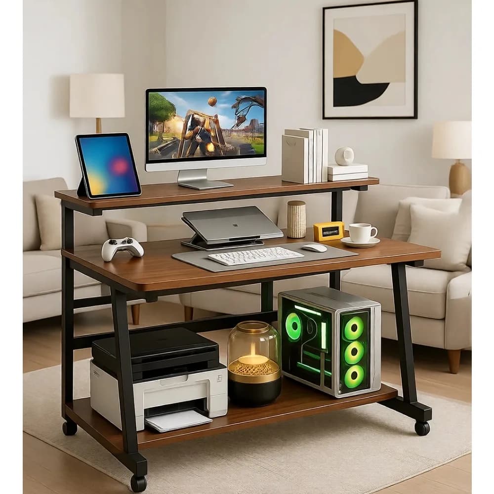 Portable Compact Desk with Monitor Stand and Storage for Small Spaces and Home Office