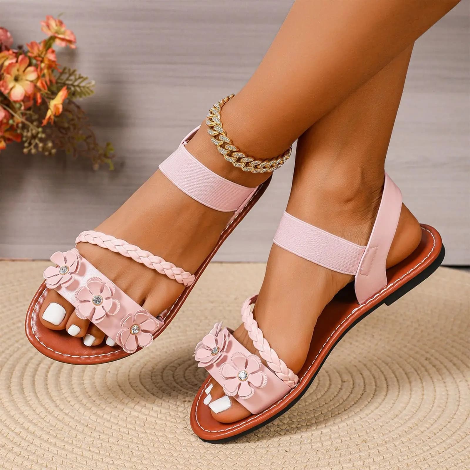 Women Flower Flat Sandals Bohemian Lace Up Summer Beach Vacation Open Toe Casual Daily Comfortable Gladiator Sandals