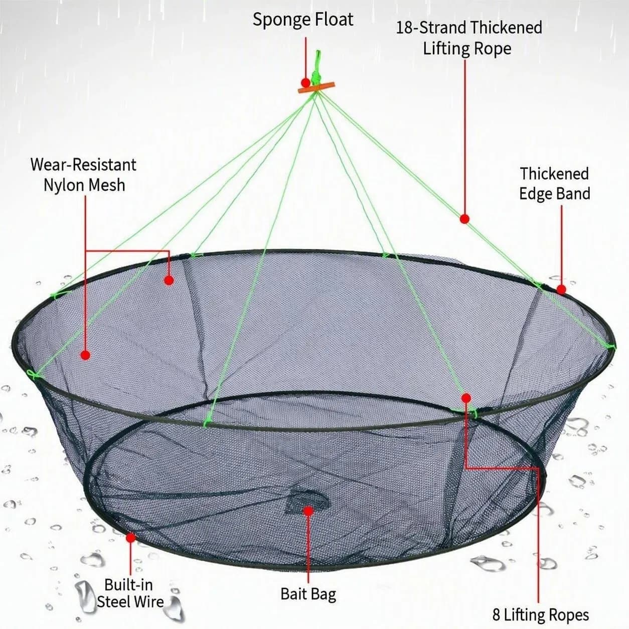 Portable Foldable Drop Fishing Net Nylon Mesh Crab Shrimp Trap Net Built‑in Steel Wire Bait Bag Floating Hand Lift Fishing Trap