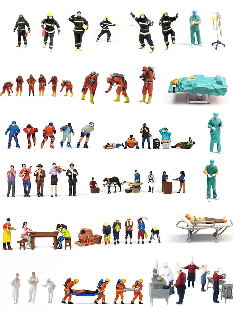 1:87 Figure dipinte Scala HO Standing People Poses assortiti Vigili del fuoco Personale di salvataggio Figure in miniatura Figure di movimento