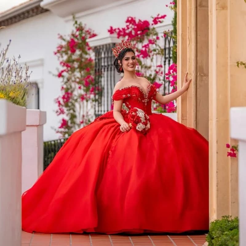 Abito Quinceanera rosso personalizzato con spalle scoperte Tull applique in cristallo fiore 3D fiocco in pizzo abiti da 15 Quinceanera