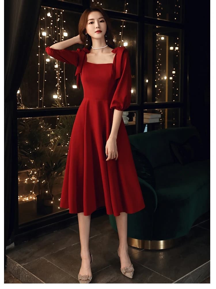 Wedding Red Dress Women's Fashion Mid-Waist Zipper Style Five-Sleeve Midi Dress for Marriage Return Home Ceremony And Parties