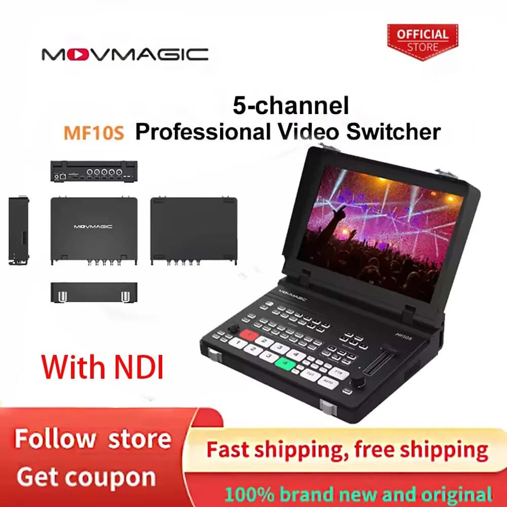 MOVMAGIC MF10S 4KP60 5CH Professional Video Switcher SDI Input and output Video Mixer With 8 Layer Ability 10.1 Inch Screen