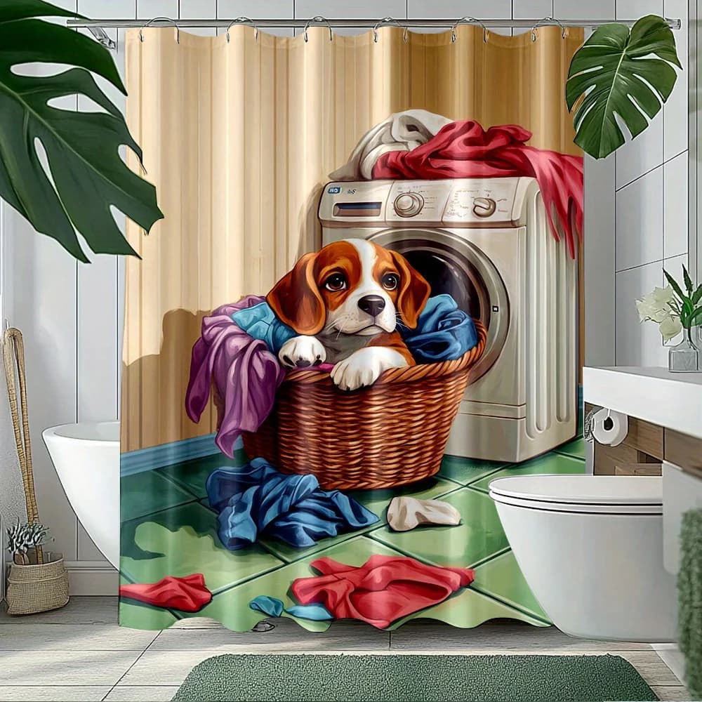 Adorabile tenda da doccia per cuccioli: cesto per la biancheria e stampa per lavatrice, tessuto resistente lavabile in lavatrice, design giocoso