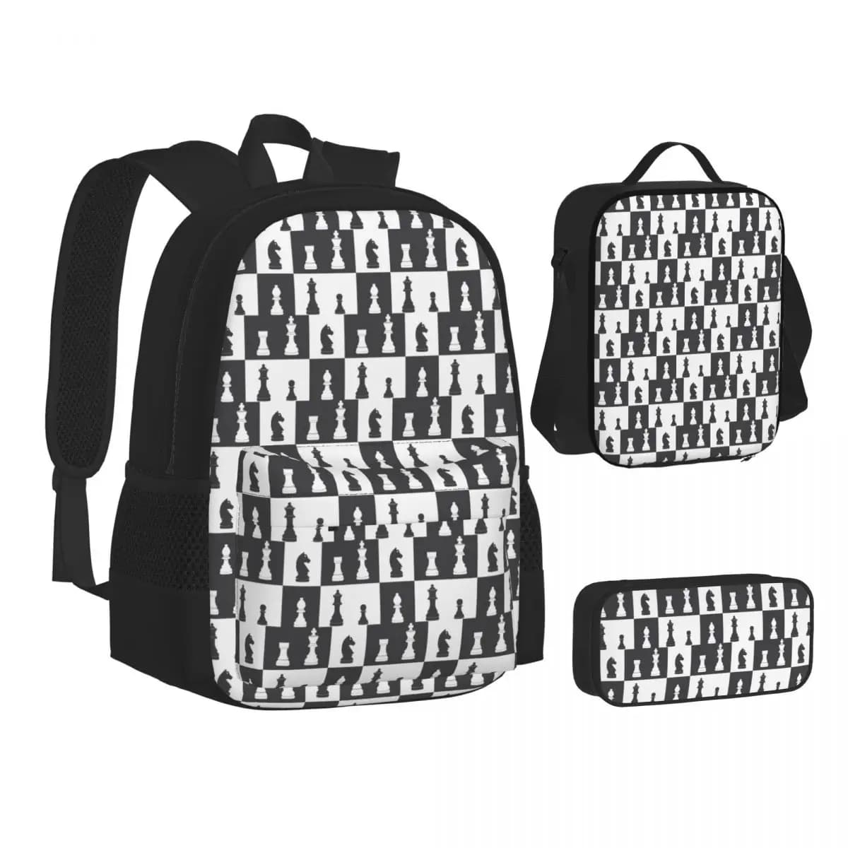 Chess Pieces On Board Backpacks Boys Girls Bookbag School Bags Kids Rucksack Lunch Bag Pen Bag Three-Piece Set