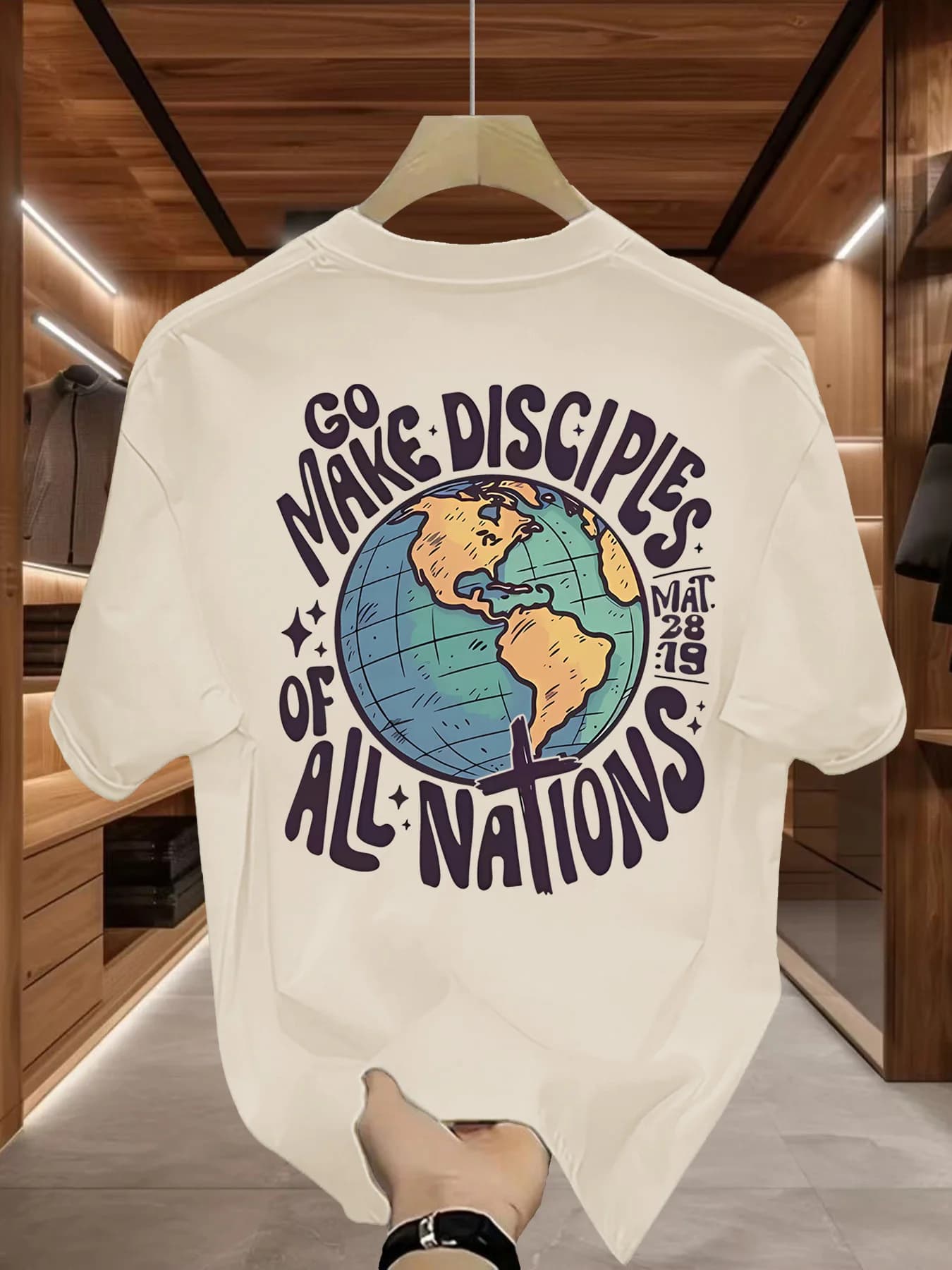 Retro Globe Tee Featuring "Of All Nations" Christian Quote and MAT 28:19 Verse 100% Cotton Men's T-shirt Summer Wear