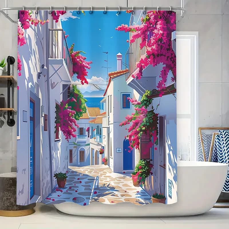 Elegante tenda da doccia in stile mediterraneo con design floreale vibrante: perfetta per la decorazione domestica, impermeabile e durevole